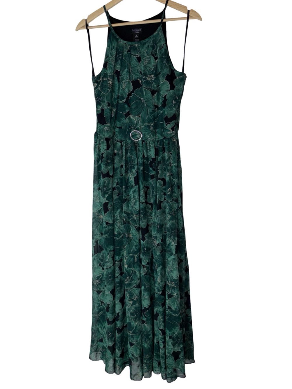 ALEXA B NITES Green Floral Maxi Dress with RHINESTONE OVAL Belt - Women